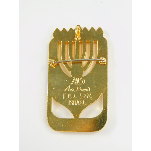 Israeli JUDAICA Designer Avi Biran Gold Menorah Tree of Life-Brooch Pin Pendant - Picture 2 of 3